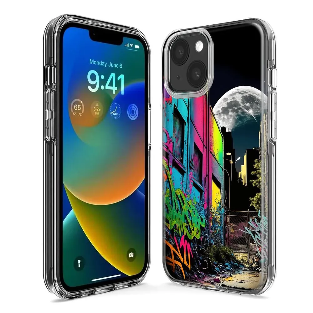 For Apple iPhone 13 Mini Urban City Full Moon Graffiti Painting Art Design Hybrid Protective Phone Case Cover