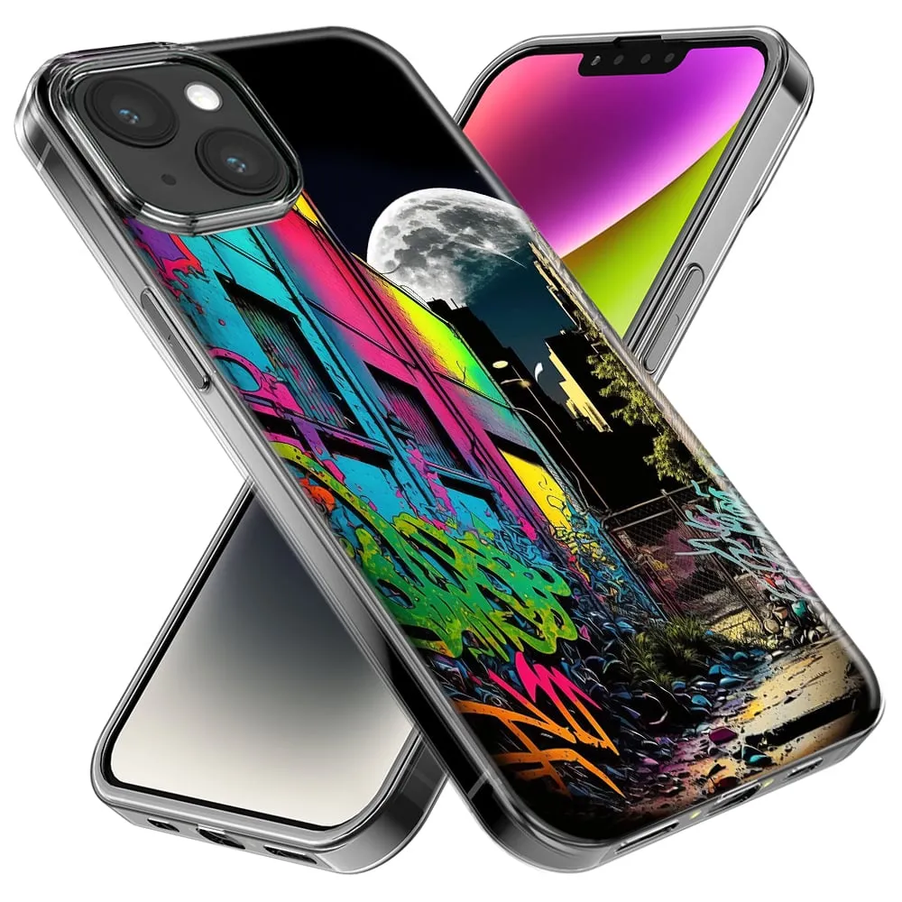 For Apple iPhone 13 Mini Urban City Full Moon Graffiti Painting Art Design Hybrid Protective Phone Case Cover