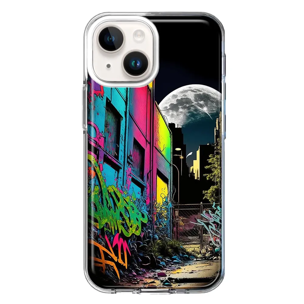 For Apple iPhone 13 Mini Urban City Full Moon Graffiti Painting Art Design Hybrid Protective Phone Case Cover