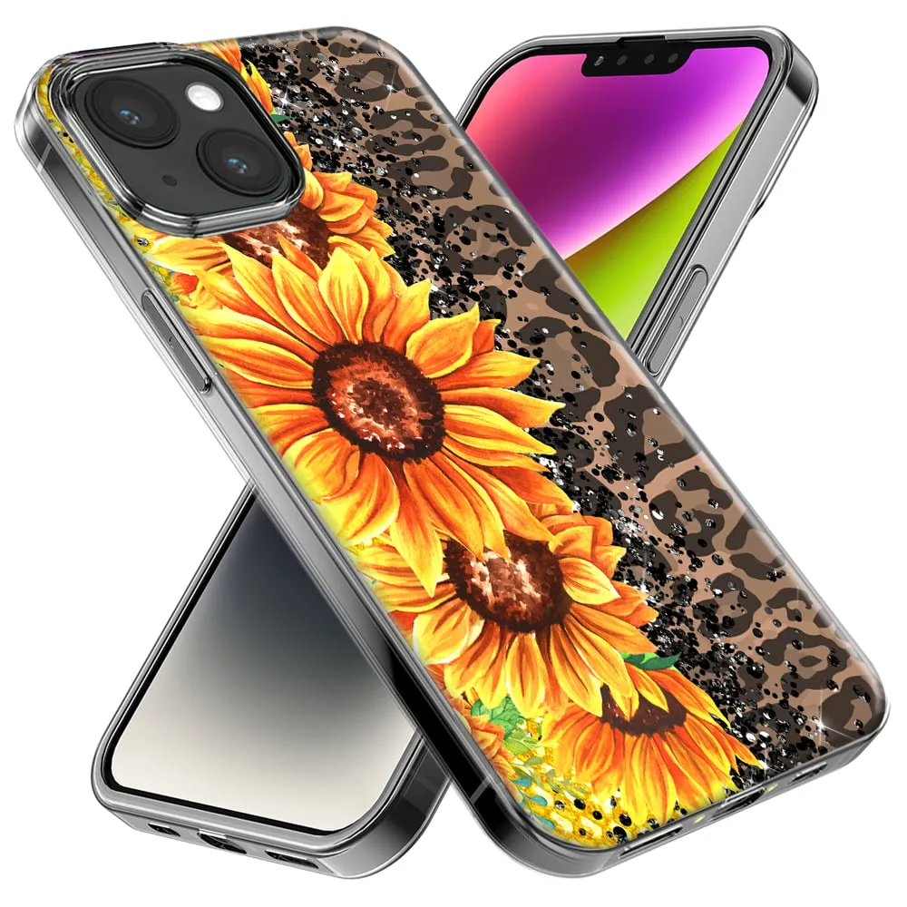 For Apple iPhone 13 Pro Max Yellow Summer Sunflowers Brown Leopard Honeycomb Design Hybrid Protective Phone Case Cover