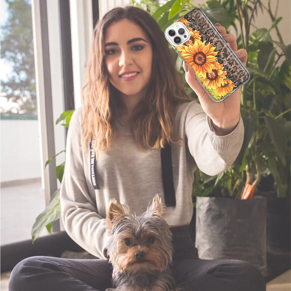 For Apple iPhone 13 Pro Max Yellow Summer Sunflowers Brown Leopard Honeycomb Design Hybrid Protective Phone Case Cover