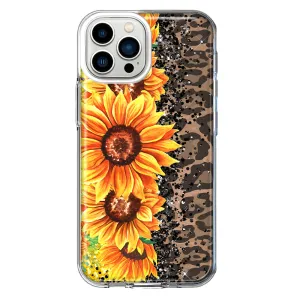 For Apple iPhone 13 Pro Max Yellow Summer Sunflowers Brown Leopard Honeycomb Design Hybrid Protective Phone Case Cover