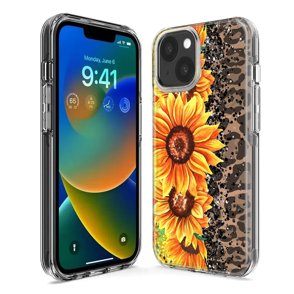 For Apple iPhone 13 Pro Max Yellow Summer Sunflowers Brown Leopard Honeycomb Design Hybrid Protective Phone Case Cover