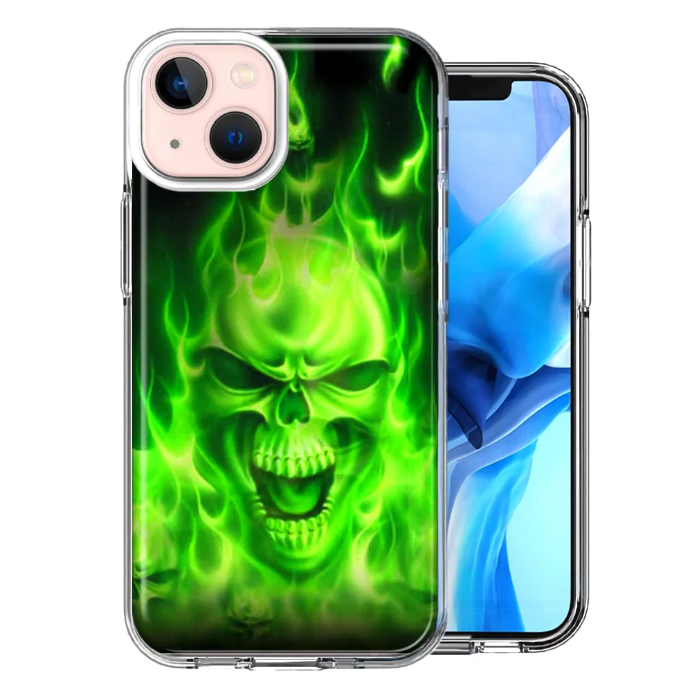 For Apple iPhone 14 Plus Green Flaming Skull Double Layer Phone Case Cover