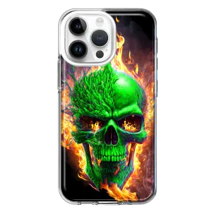 For Apple iPhone 14 Pro Max Green Flaming Skull Burning Fire Double Layer Phone Case Cover