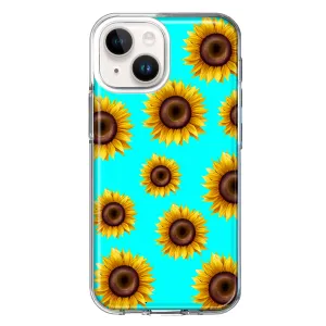 For Apple iPhone 14 Yellow Sunflowers Polkadot on Turquoise Teal Double Layer Phone Case Cover