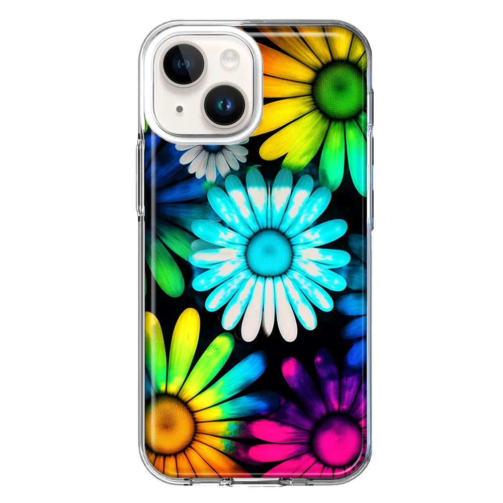 For Apple iPhone 15 Neon Rainbow Daisy Glow Colorful Daisies Baby Blue Pink Yellow White Case Cover