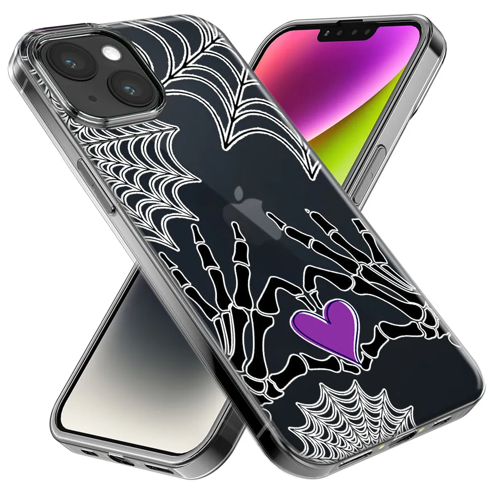 For Apple iPhone 15 Pro Max Halloween Skeleton Heart Hands Spooky Spider Web Design Hybrid Protective Phone Case Cover
