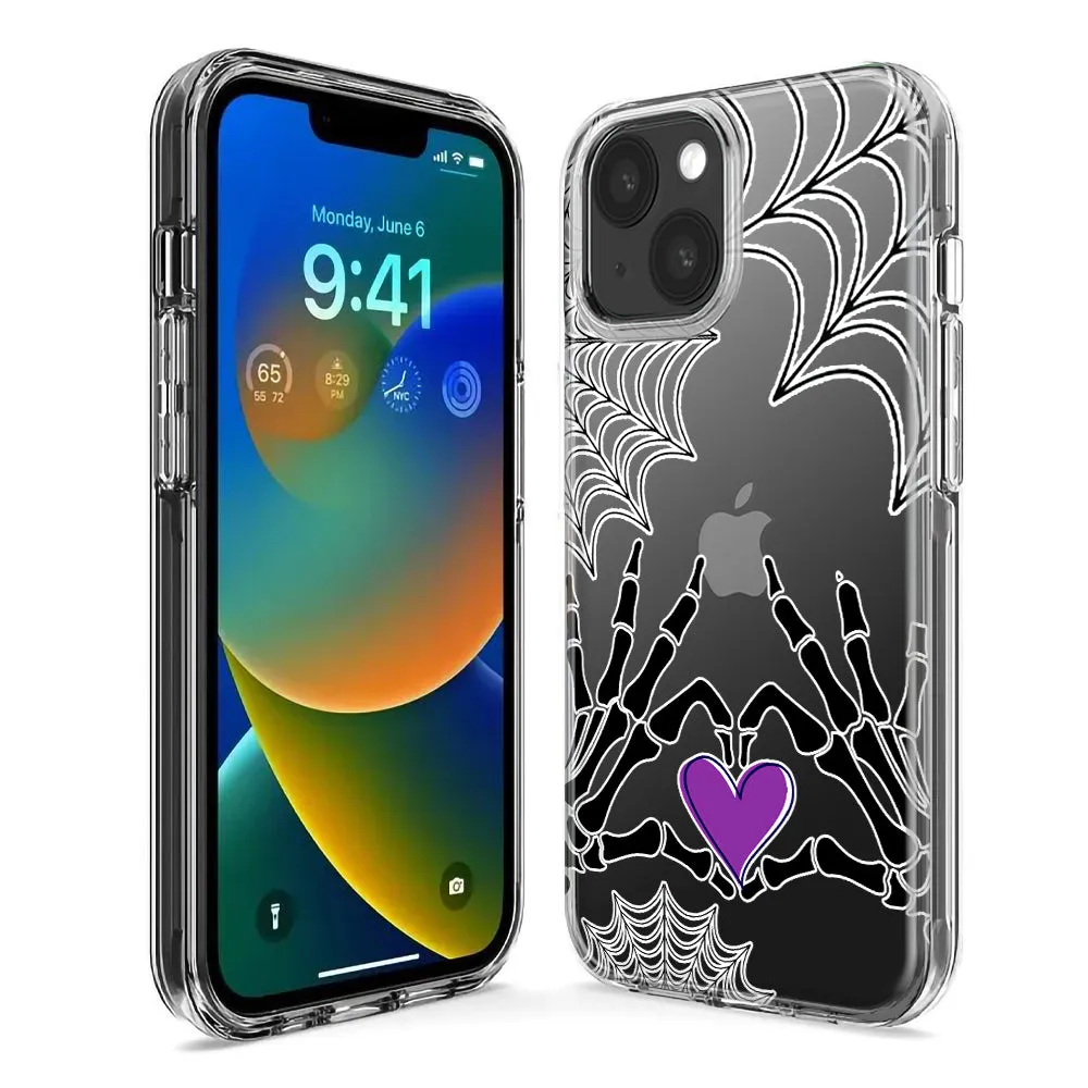 For Apple iPhone 15 Pro Max Halloween Skeleton Heart Hands Spooky Spider Web Design Hybrid Protective Phone Case Cover