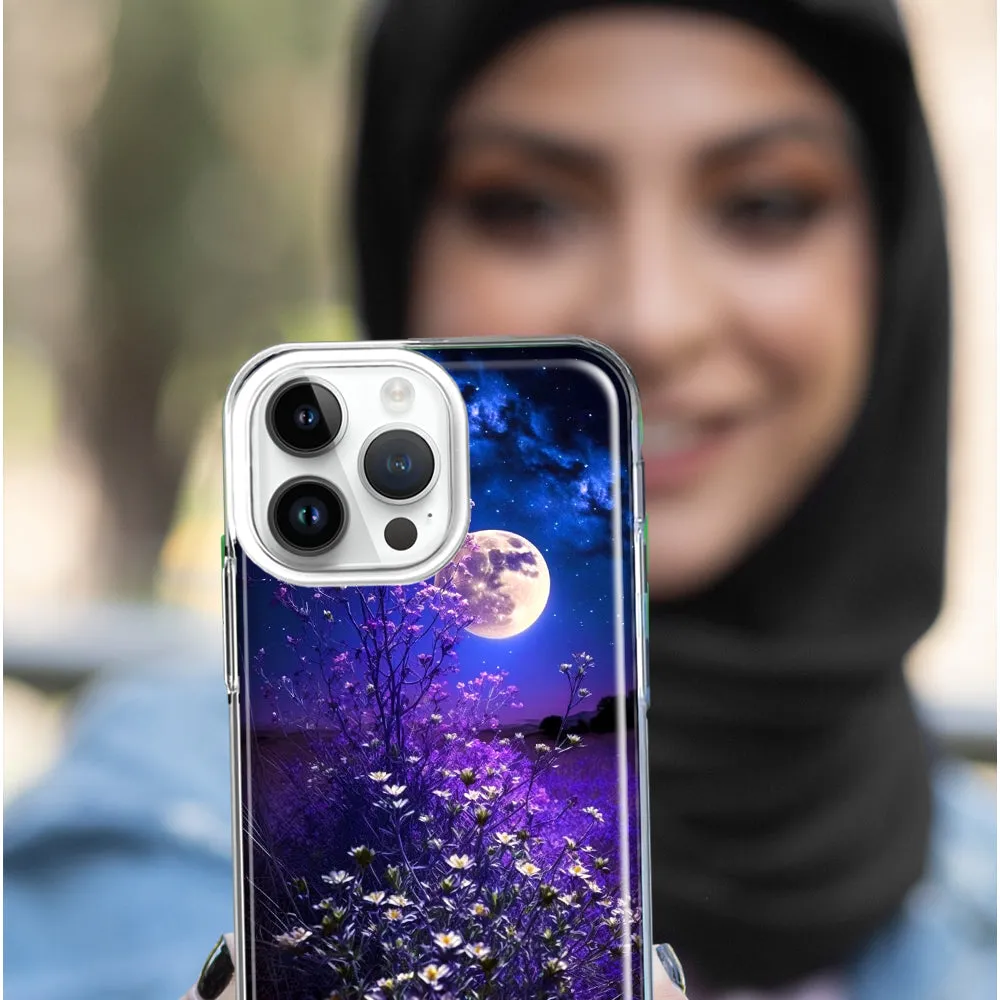 For Apple iPhone 15 Pro Max Spring Moon Night Lavender Flowers Floral Design Hybrid Protective Phone Case Cover