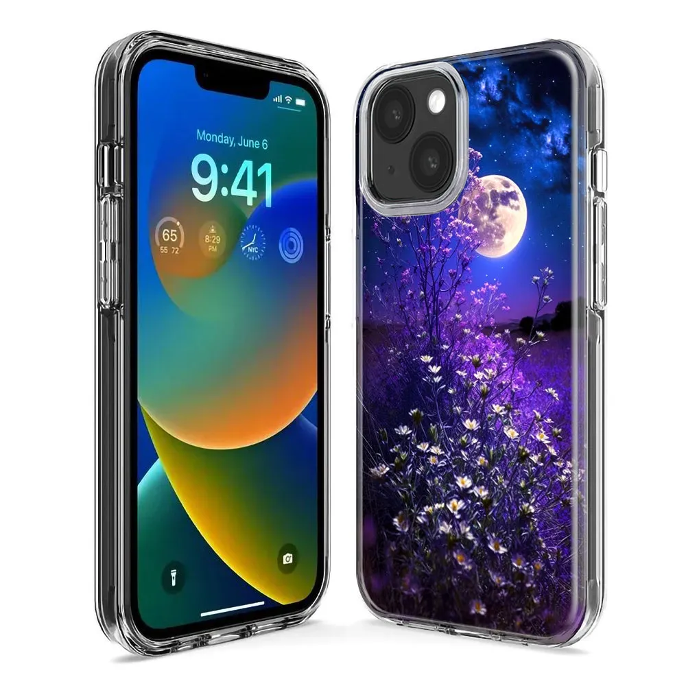 For Apple iPhone 15 Pro Max Spring Moon Night Lavender Flowers Floral Design Hybrid Protective Phone Case Cover
