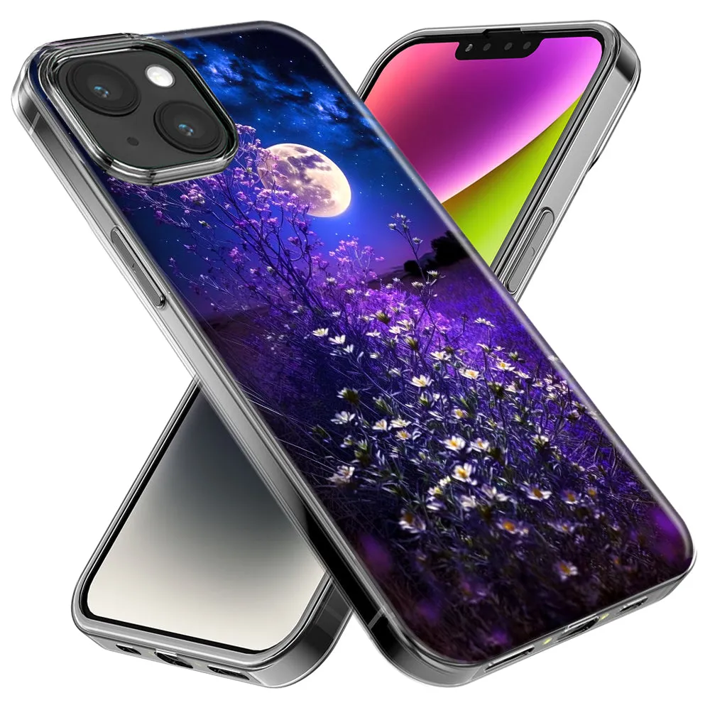 For Apple iPhone 15 Pro Max Spring Moon Night Lavender Flowers Floral Design Hybrid Protective Phone Case Cover