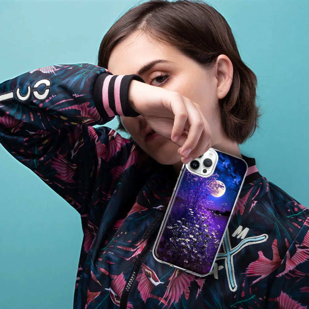 For Apple iPhone 15 Pro Max Spring Moon Night Lavender Flowers Floral Design Hybrid Protective Phone Case Cover