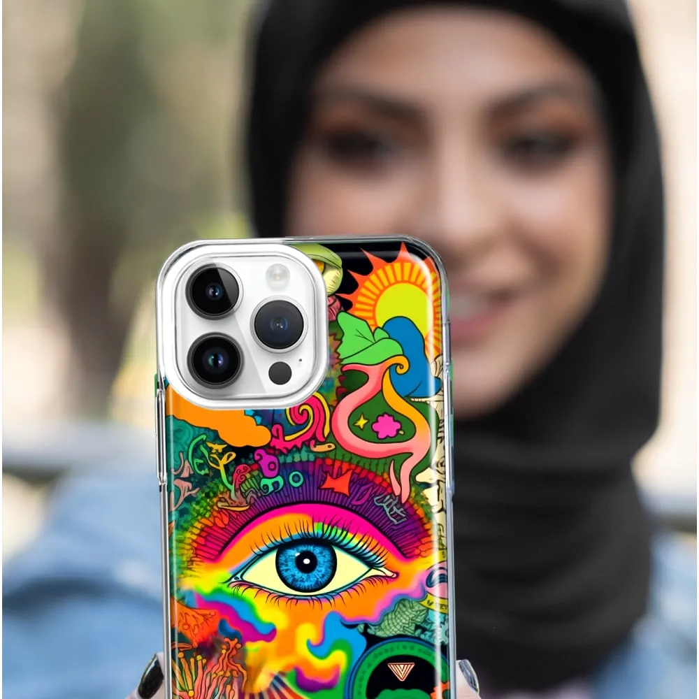 For Apple iPhone XR Neon Rainbow Psychedelic Trippy Hippie Multiple Eyes Design Hybrid Protective Phone Case Cover