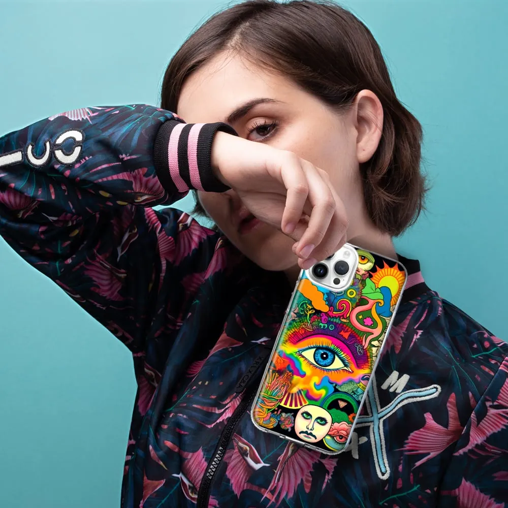 For Apple iPhone XR Neon Rainbow Psychedelic Trippy Hippie Multiple Eyes Design Hybrid Protective Phone Case Cover