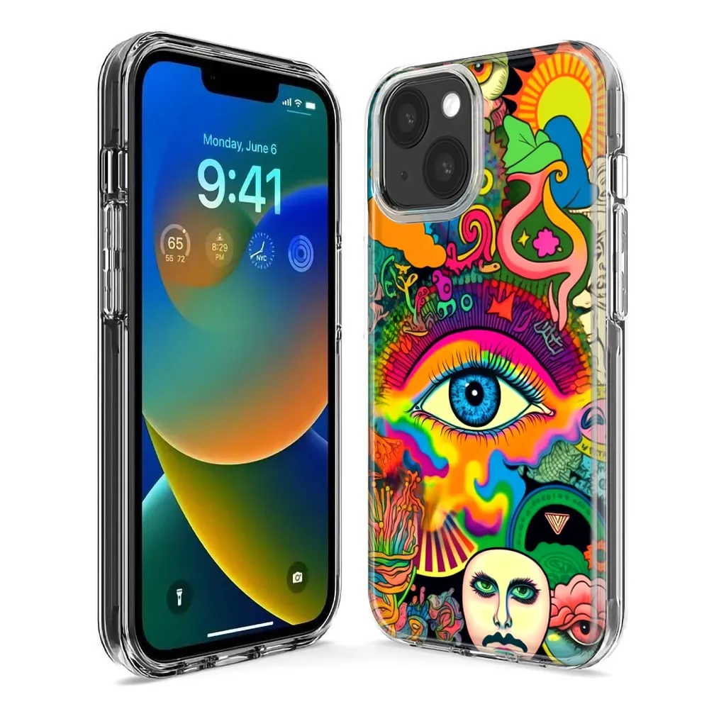 For Apple iPhone XR Neon Rainbow Psychedelic Trippy Hippie Multiple Eyes Design Hybrid Protective Phone Case Cover