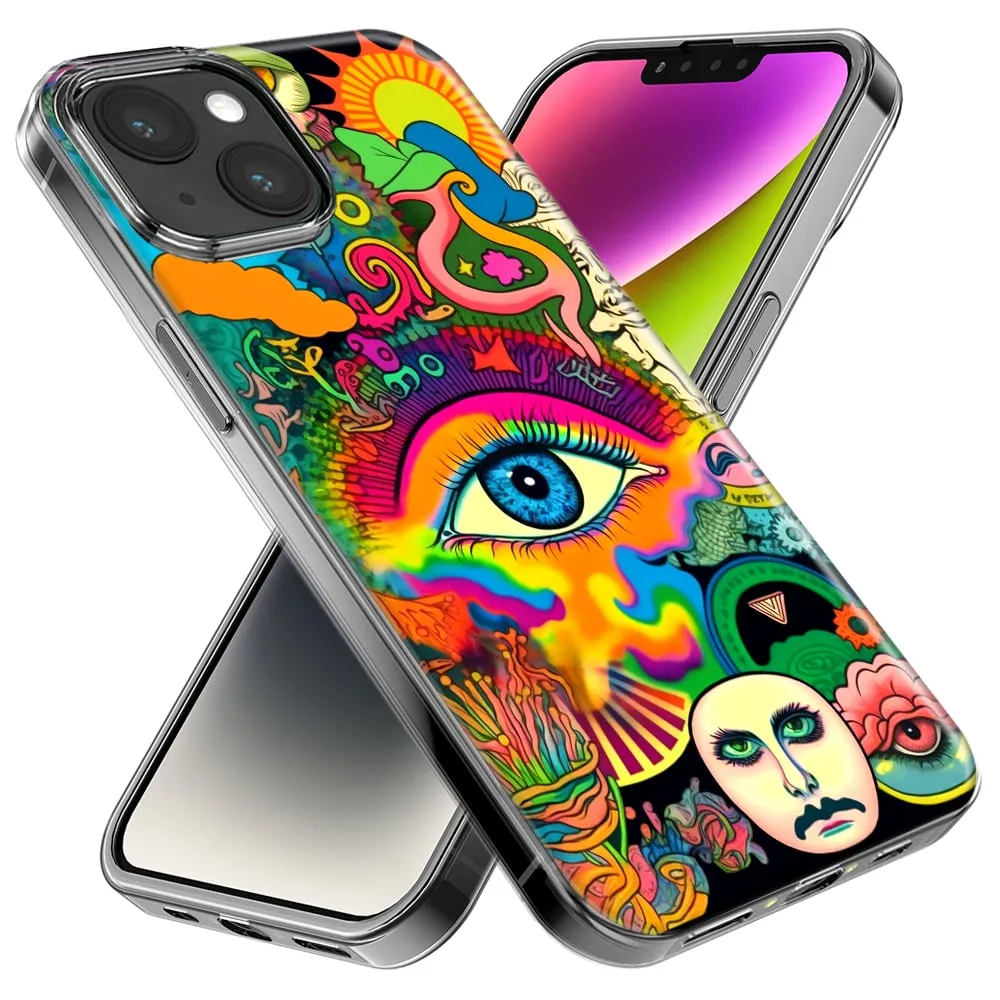 For Apple iPhone XR Neon Rainbow Psychedelic Trippy Hippie Multiple Eyes Design Hybrid Protective Phone Case Cover