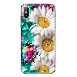 For Apple iPhone XS/X Colorful Crystal White Daisies Rainbow Gems Teal Double Layer Phone Case Cover