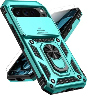 for Google Pixel 9 / Pixel 9 Pro Case with Slide Camera Cover HD Screen Protector [Military Grade Drop Tested] Magnetic Ring Holder Kickstand Protective Phone Case for Google Pixel 9/9 Pro, Mint