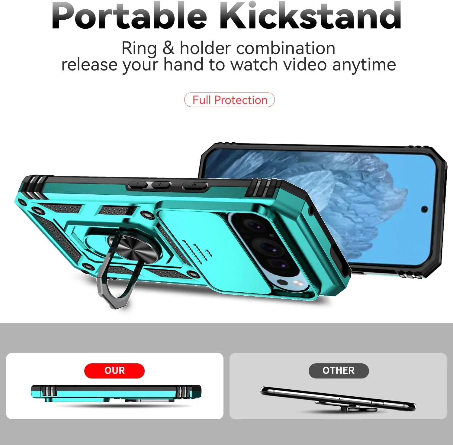for Google Pixel 9 / Pixel 9 Pro Case with Slide Camera Cover HD Screen Protector [Military Grade Drop Tested] Magnetic Ring Holder Kickstand Protective Phone Case for Google Pixel 9/9 Pro, Mint