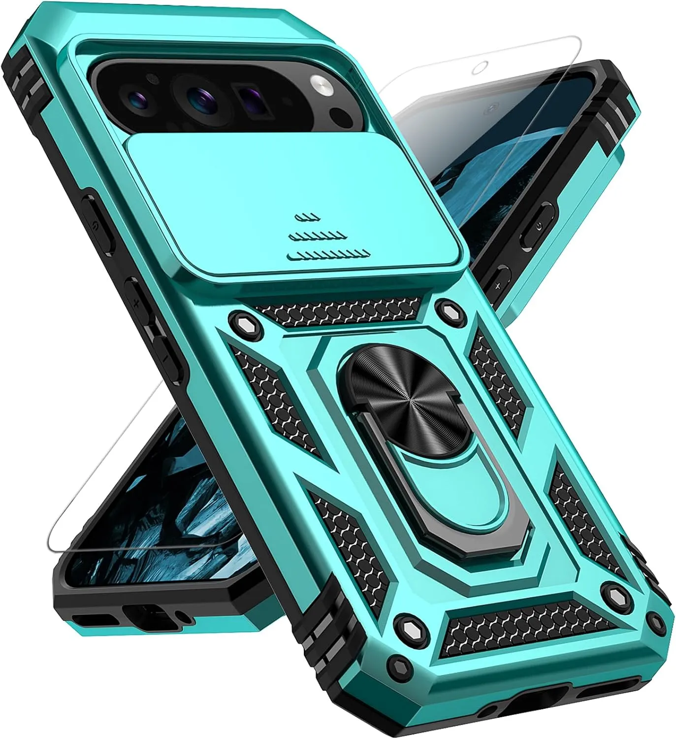 for Google Pixel 9 / Pixel 9 Pro Case with Slide Camera Cover HD Screen Protector [Military Grade Drop Tested] Magnetic Ring Holder Kickstand Protective Phone Case for Google Pixel 9/9 Pro, Mint