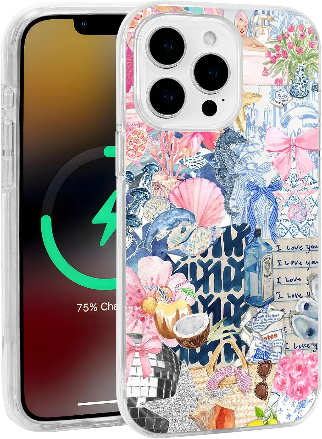 for iPhone 16 Case, Coastal Collage with Seahorses & I Love You, Soft Slim TPU Protective Cover Compatible with MagSafe, Shock-Absorbing TPE Strips & Camera Lens Protection for Women Ocean