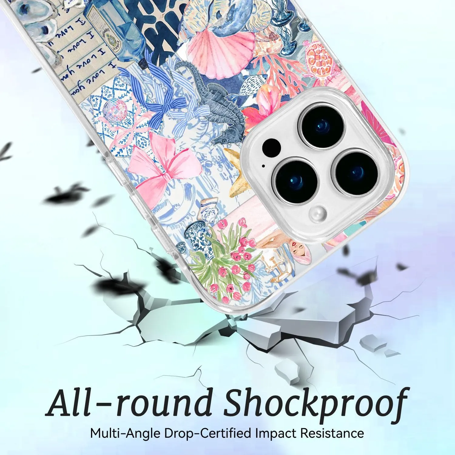 for iPhone 16 Case, Coastal Collage with Seahorses & I Love You, Soft Slim TPU Protective Cover Compatible with MagSafe, Shock-Absorbing TPE Strips & Camera Lens Protection for Women Ocean