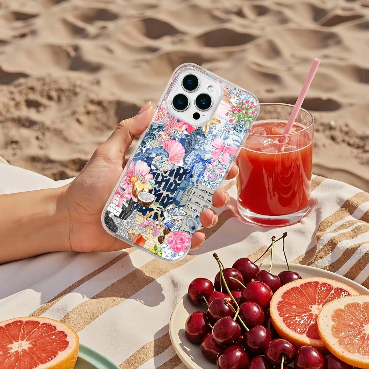 for iPhone 16 Case, Coastal Collage with Seahorses & I Love You, Soft Slim TPU Protective Cover Compatible with MagSafe, Shock-Absorbing TPE Strips & Camera Lens Protection for Women Ocean