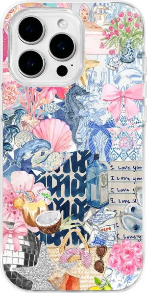 for iPhone 16 Case, Coastal Collage with Seahorses & I Love You, Soft Slim TPU Protective Cover Compatible with MagSafe, Shock-Absorbing TPE Strips & Camera Lens Protection for Women Ocean