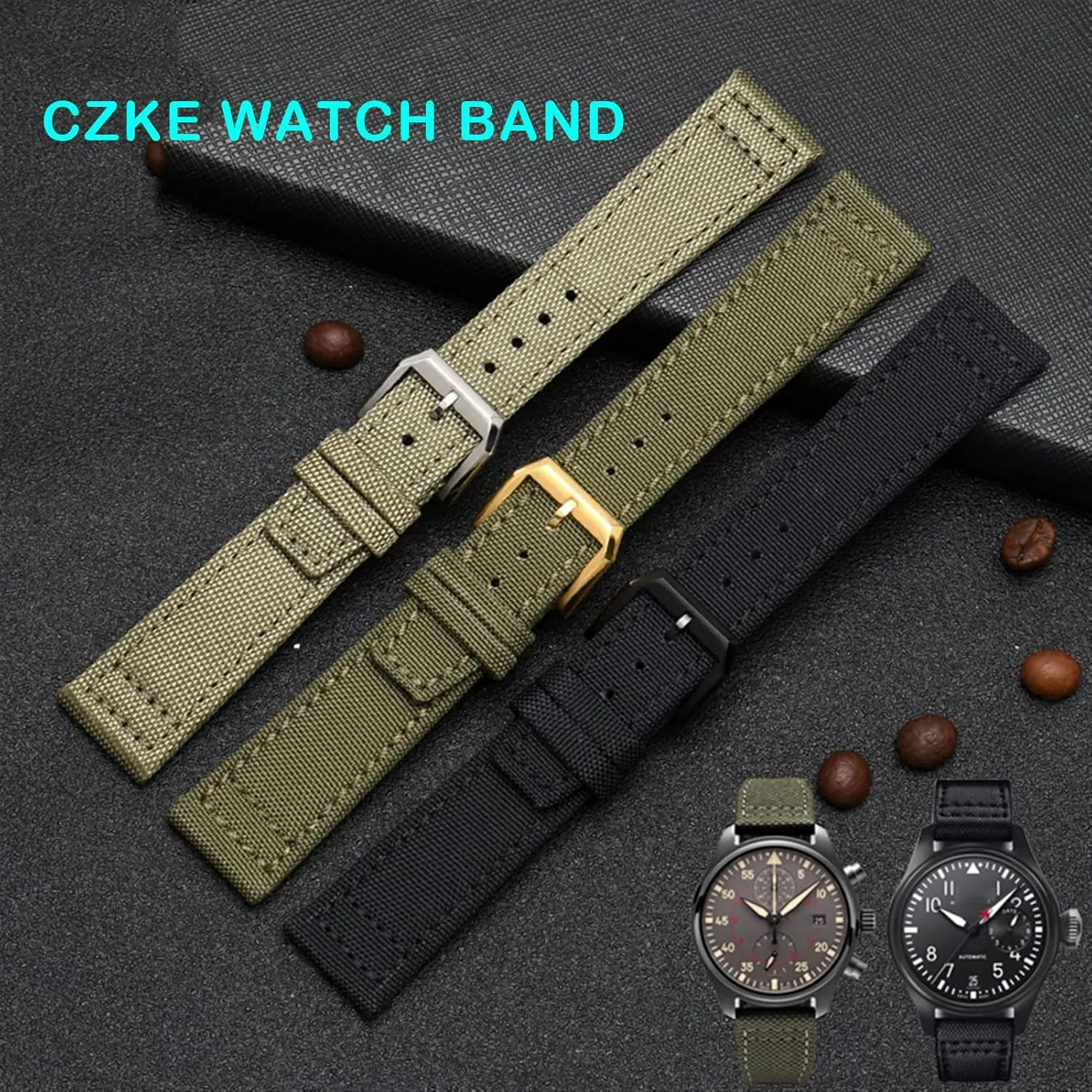 for IWC Pilot Spitfire Timezone TopGun Strap Green Black Belts Wristwatch Straps 20mm 21mm 22mm Nylon Canvas Fabric Watch Band (Color : Black pin Clasp, Size : 20mm)