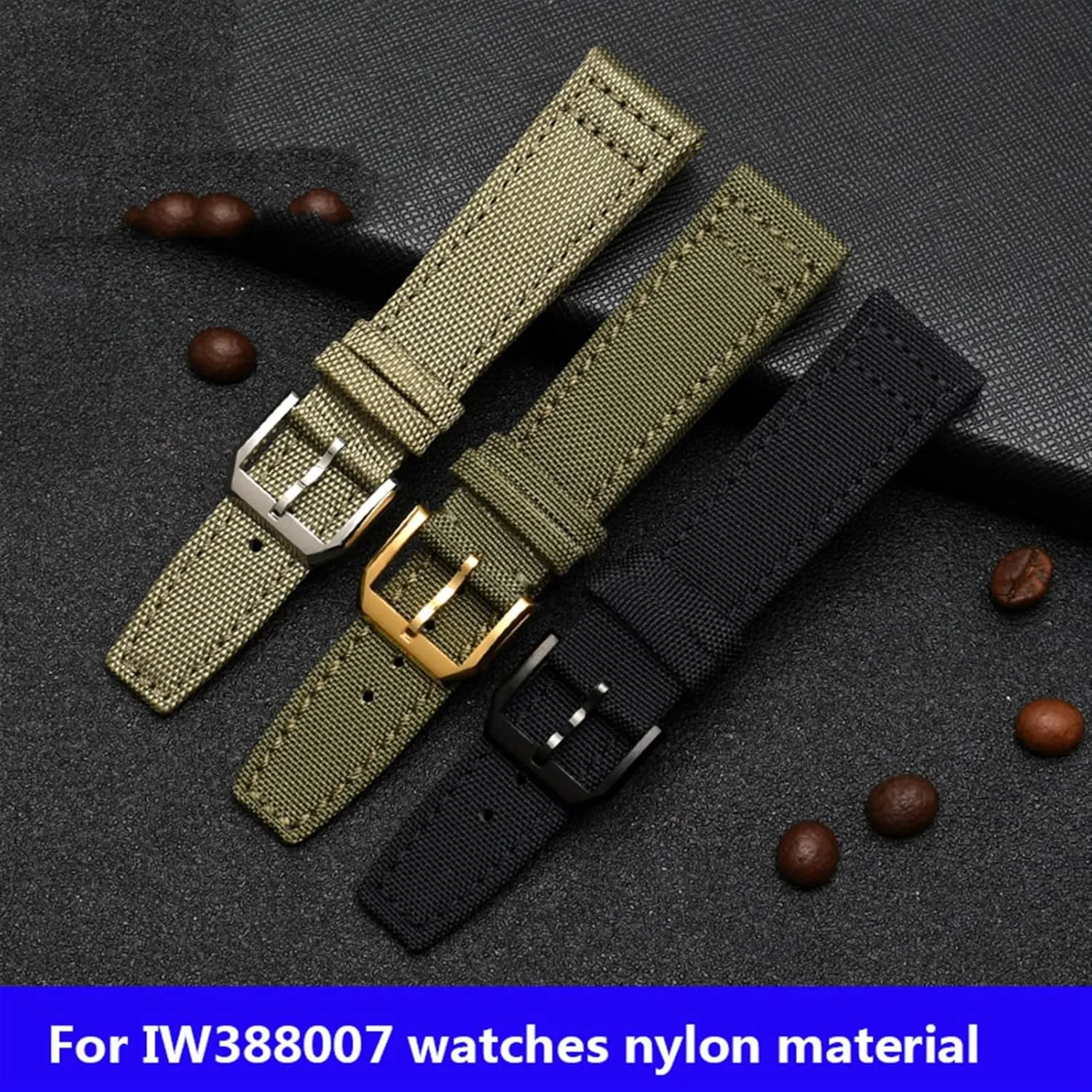 for IWC Pilot Spitfire Timezone TopGun Strap Green Black Belts Wristwatch Straps 20mm 21mm 22mm Nylon Canvas Fabric Watch Band (Color : Black pin Clasp, Size : 20mm)