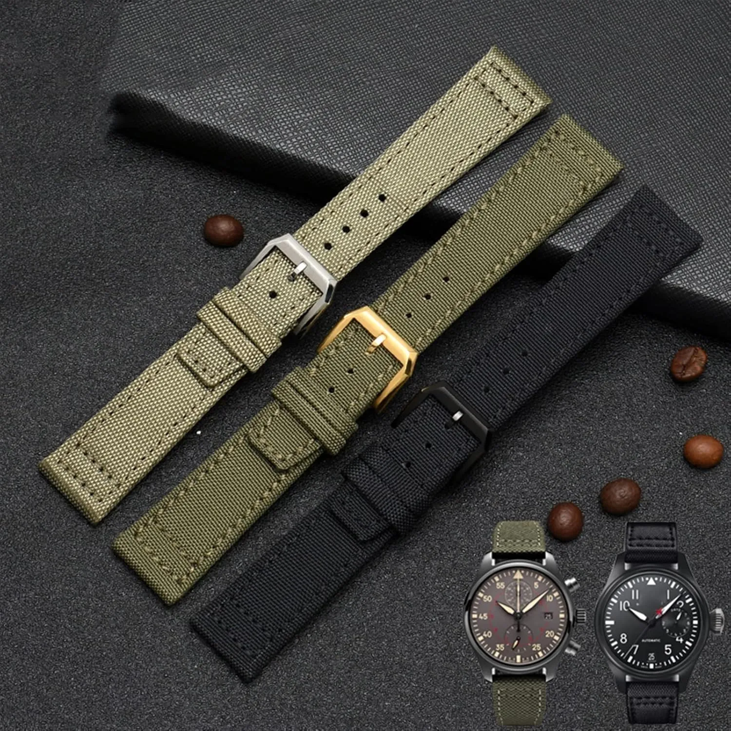 For IWC Pilot Spitfire Timezone TopGun Strap Green Black Belts Wristwatch Straps 20mm 21mm 22mm Nylon Canvas Fabric Watch Band