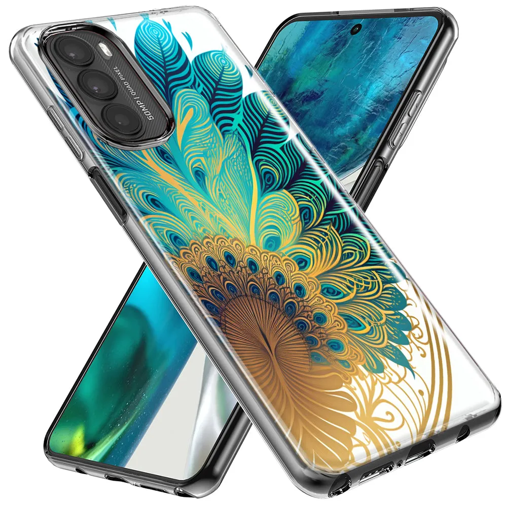 For Motorola Moto G Play 2021 Mandala Geometry Abstract Peacock Feather Pattern Design Hybrid Protective Phone Case Cover