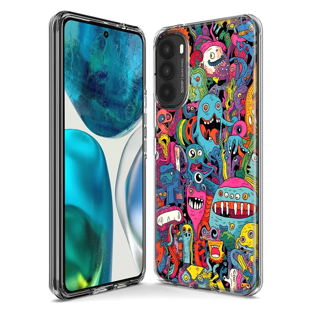 For Motorola Moto G Play 2023 Psychedelic Trippy Happy Aliens Characters Design Hybrid Protective Phone Case Cover