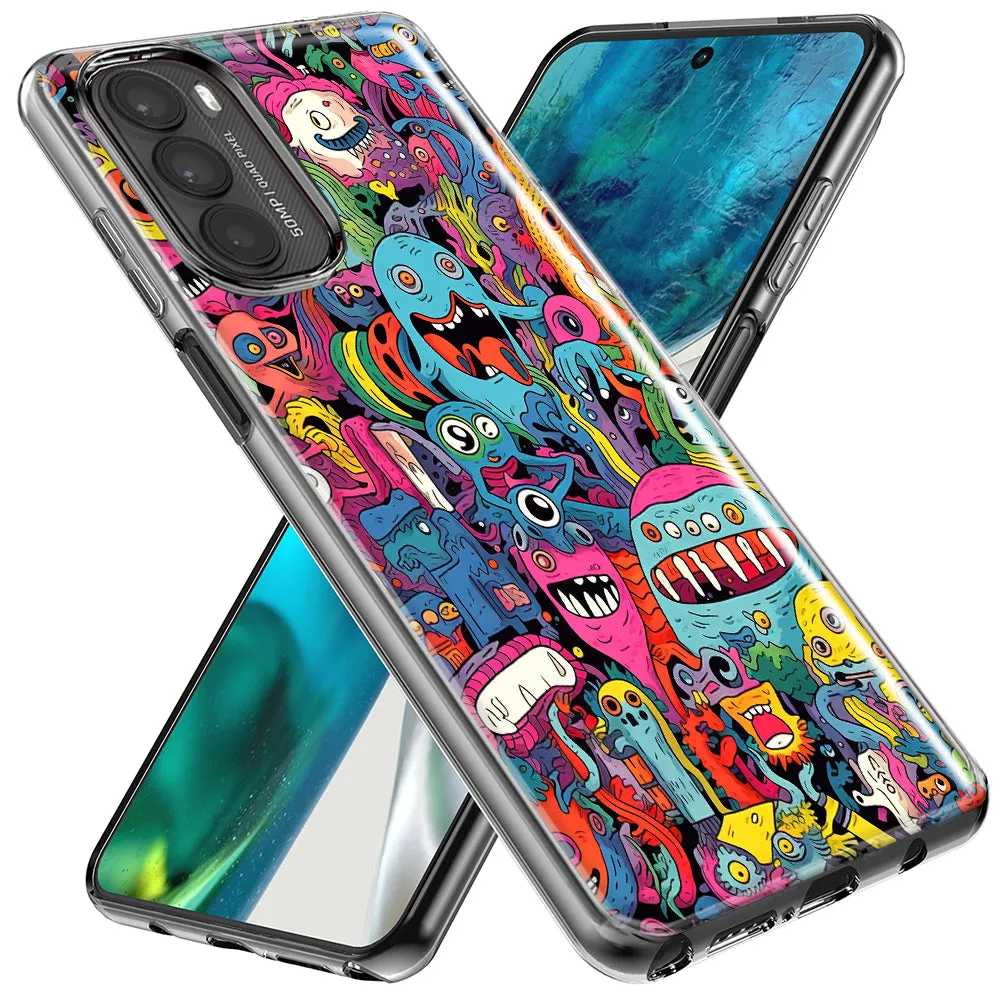 For Motorola Moto G Play 2023 Psychedelic Trippy Happy Aliens Characters Design Hybrid Protective Phone Case Cover