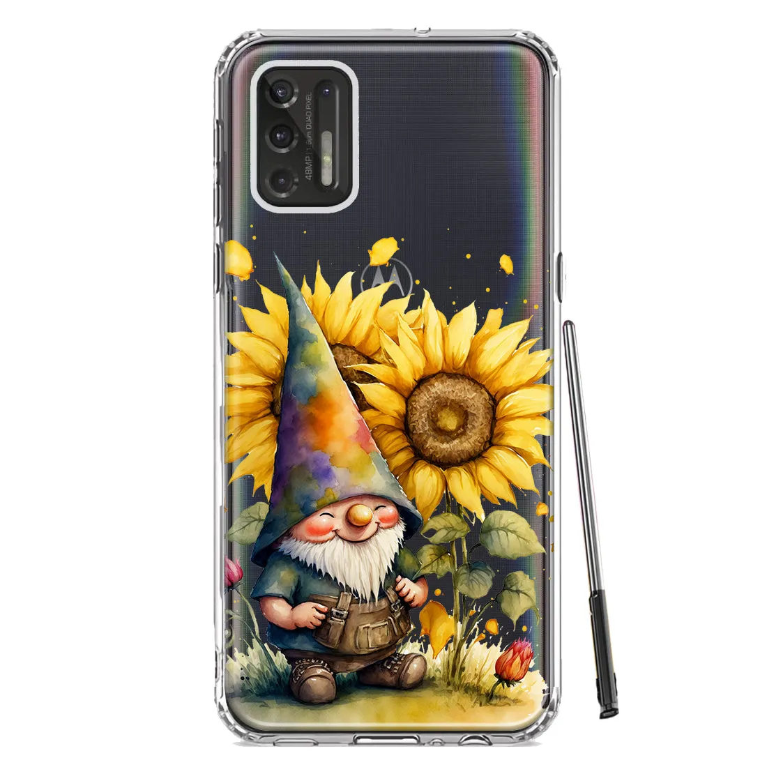 For Motorola Moto G Stylus 2021 Cute Gnome Sunflowers Clear Design Hybrid Protective Phone Case Cover