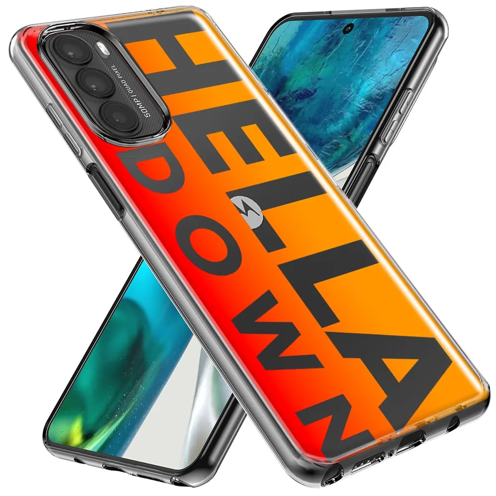 For Motorola One 5G Ace Orange Clear Funny Text Quote Hella Down Design Hybrid Protective Phone Case Cover