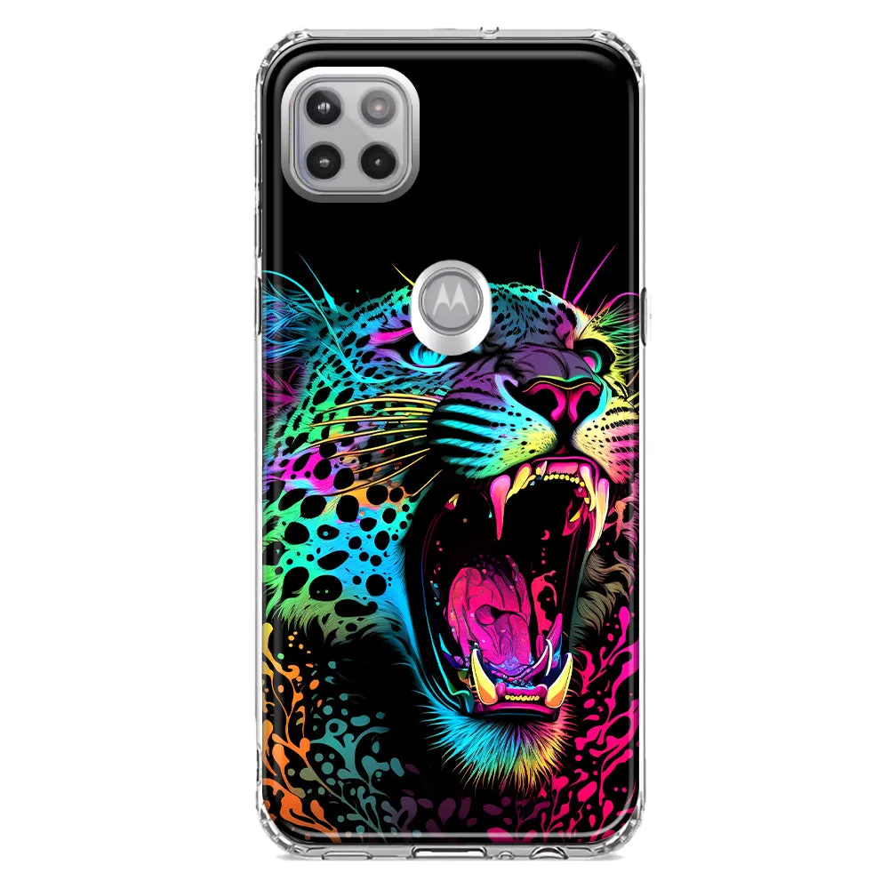 For Motorola One 5G Neon Rainbow Glow Colorful Leopard Hybrid Protective Phone Case Cover
