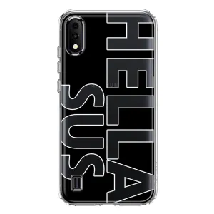 For Samsung Galaxy A01 Black Clear Funny Text Quote Hella Sus Design Hybrid Protective Phone Case Cover