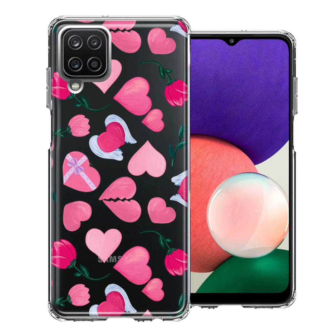 For Samsung Galaxy A22 5G Pretty Valentines Day Hearts Chocolate Candy Angel Flowers Double Layer Phone Case Cover
