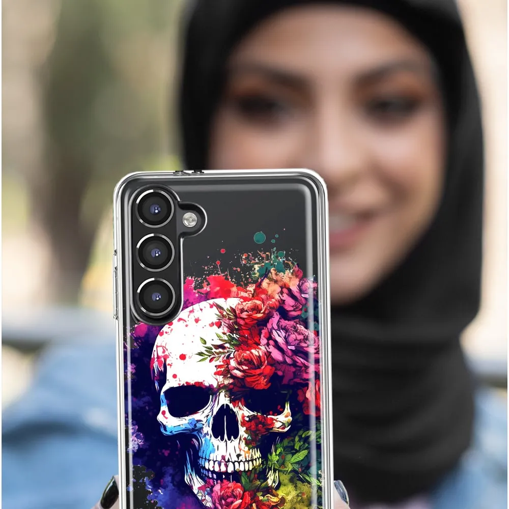 For Samsung Galaxy A71 4G Fantasy Skull Red Purple Roses Design Hybrid Protective Phone Case Cover