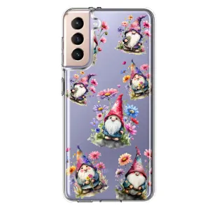 For Samsung Galaxy S21 Cute Pink Purple Cosmos Flowers Gnomes Spring Floral Double Layer Phone Case Cover