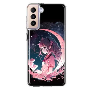 For Samsung Galaxy S21 Kawaii Manga Pink Cherry Blossom Dreaming Moon Girl Hybrid Protective Phone Case Cover
