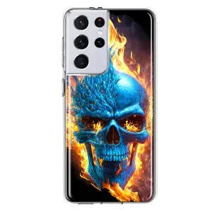 For Samsung Galaxy S21 Ultra Blue Flaming Skull Burning Fire Double Layer Phone Case Cover