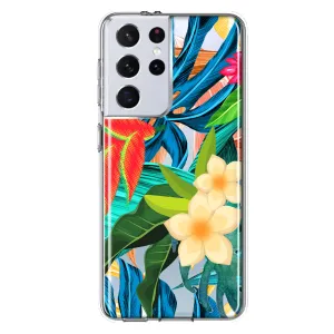 For Samsung Galaxy S21 Ultra Blue Monstera Pothos Tropical Floral Summer Flowers Design Hybrid Protective Phone Case Cover
