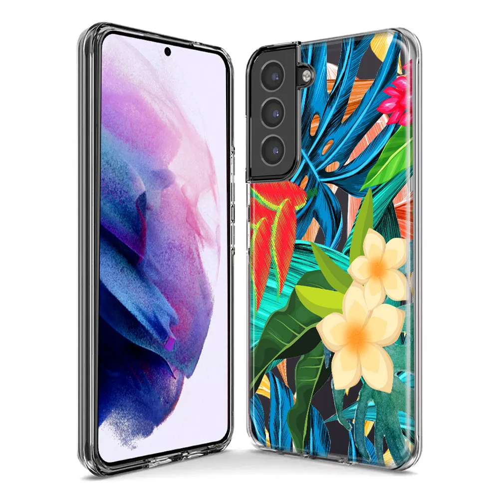 For Samsung Galaxy S21 Ultra Blue Monstera Pothos Tropical Floral Summer Flowers Design Hybrid Protective Phone Case Cover