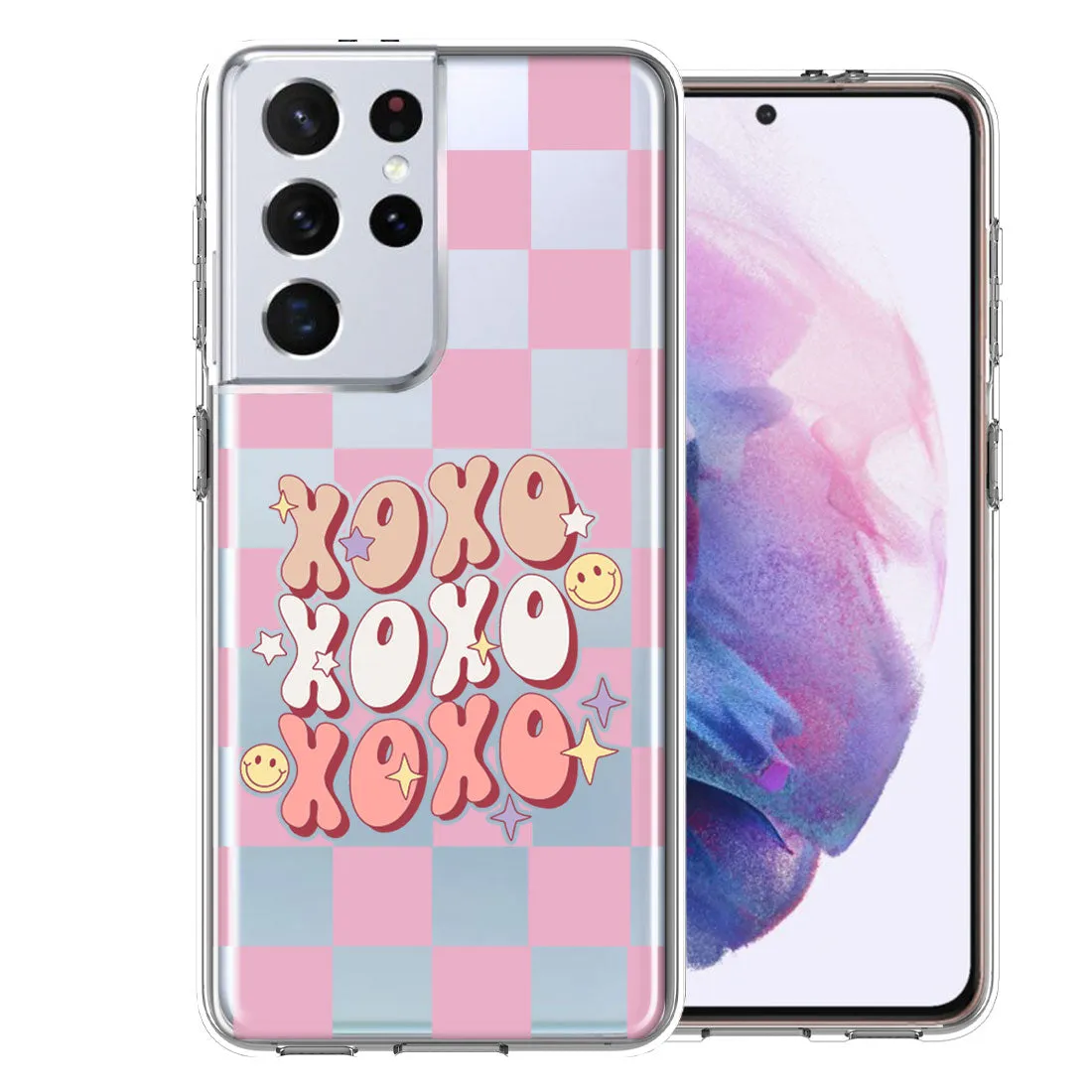 For Samsung Galaxy S21 Ultra Retro Pink Checkered XOXO Vintage 70s Style Hippie Valentine Love Double Layer Phone Case Cover