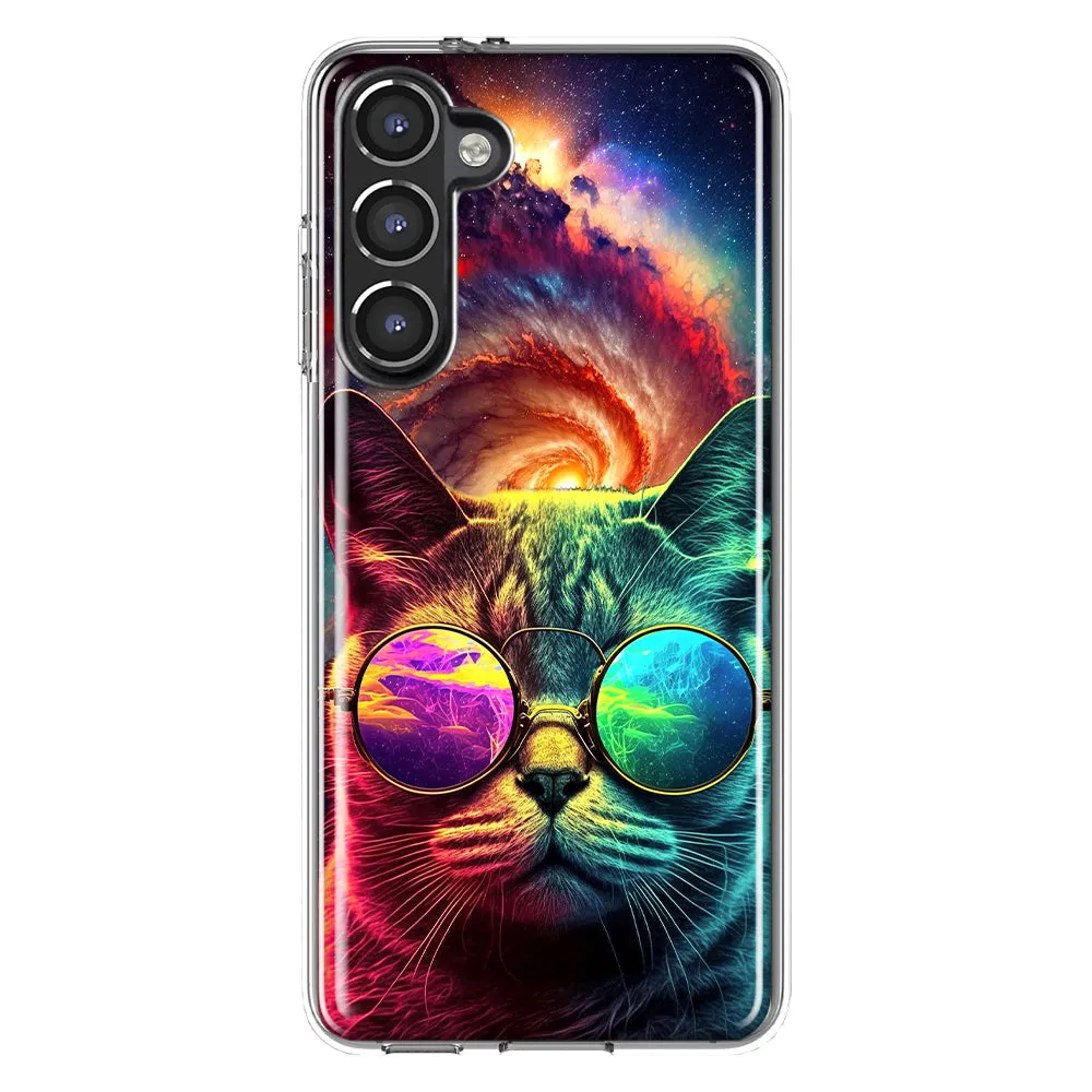For Samsung Galaxy S23 Neon Rainbow Galaxy Cat Hybrid Protective Phone Case Cover