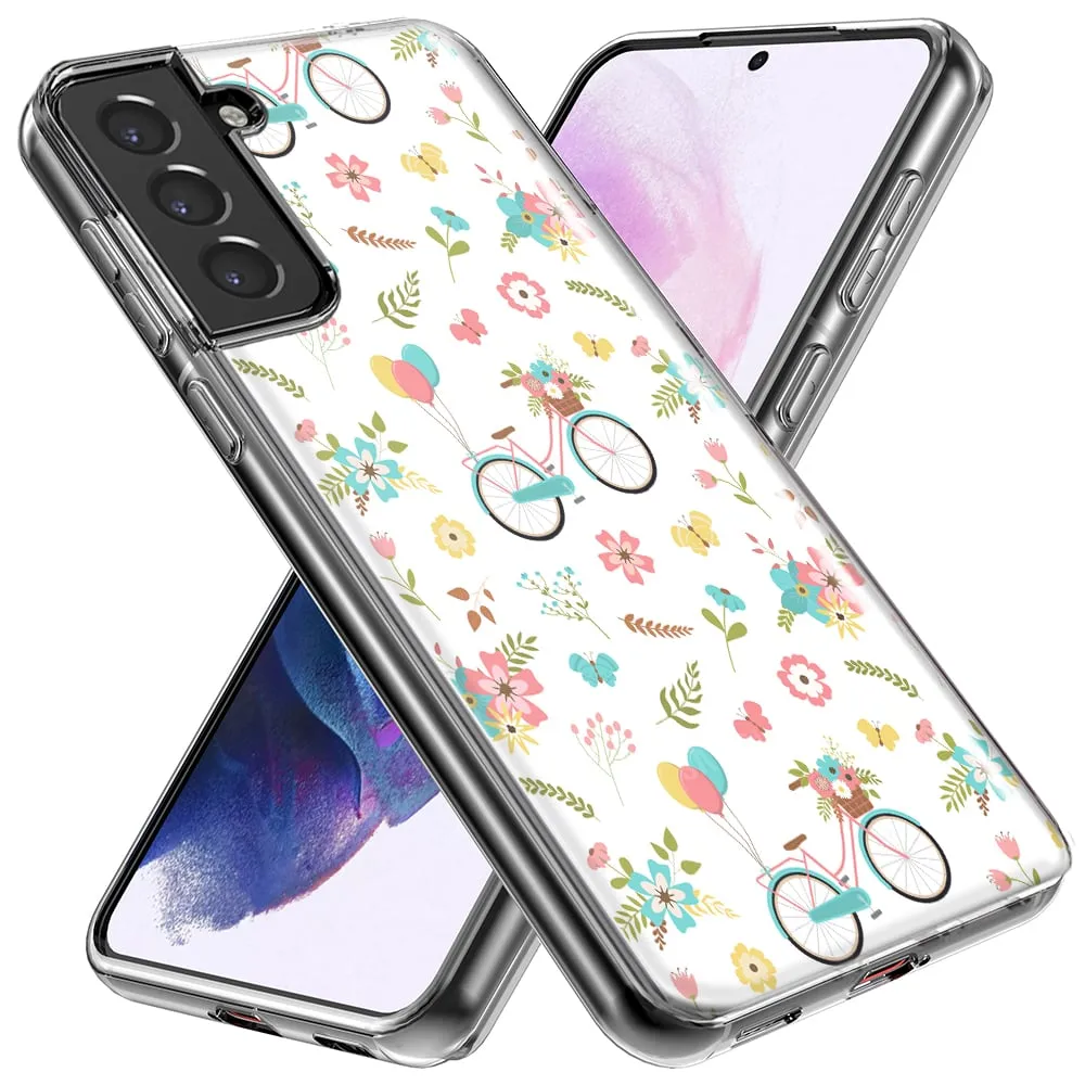 For Samsung Galaxy S23 Plus Cute Spring Floral Bicycles Slim Shockproof Hard Shell TPU Case Heavy Duty Protective Phone Cover