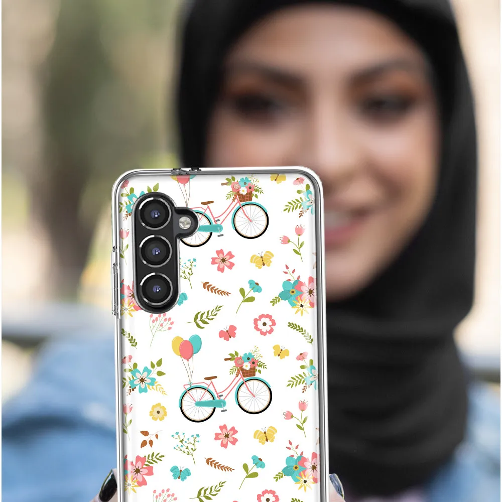 For Samsung Galaxy S23 Plus Cute Spring Floral Bicycles Slim Shockproof Hard Shell TPU Case Heavy Duty Protective Phone Cover